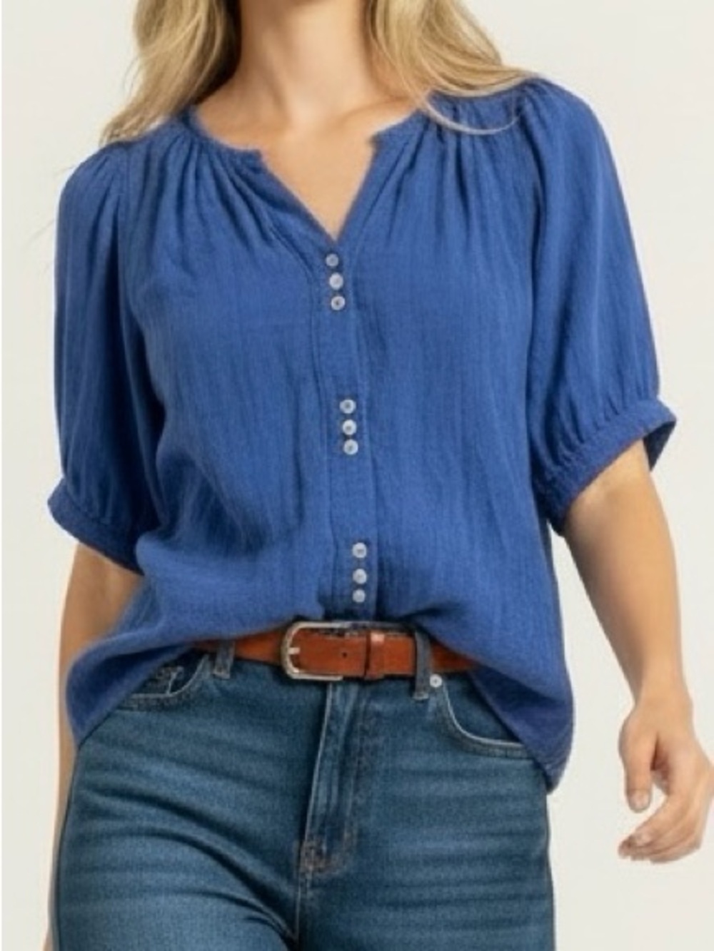 Les Petits Carreaux Blue Cotton Gauze Puff Sleeve Blouse